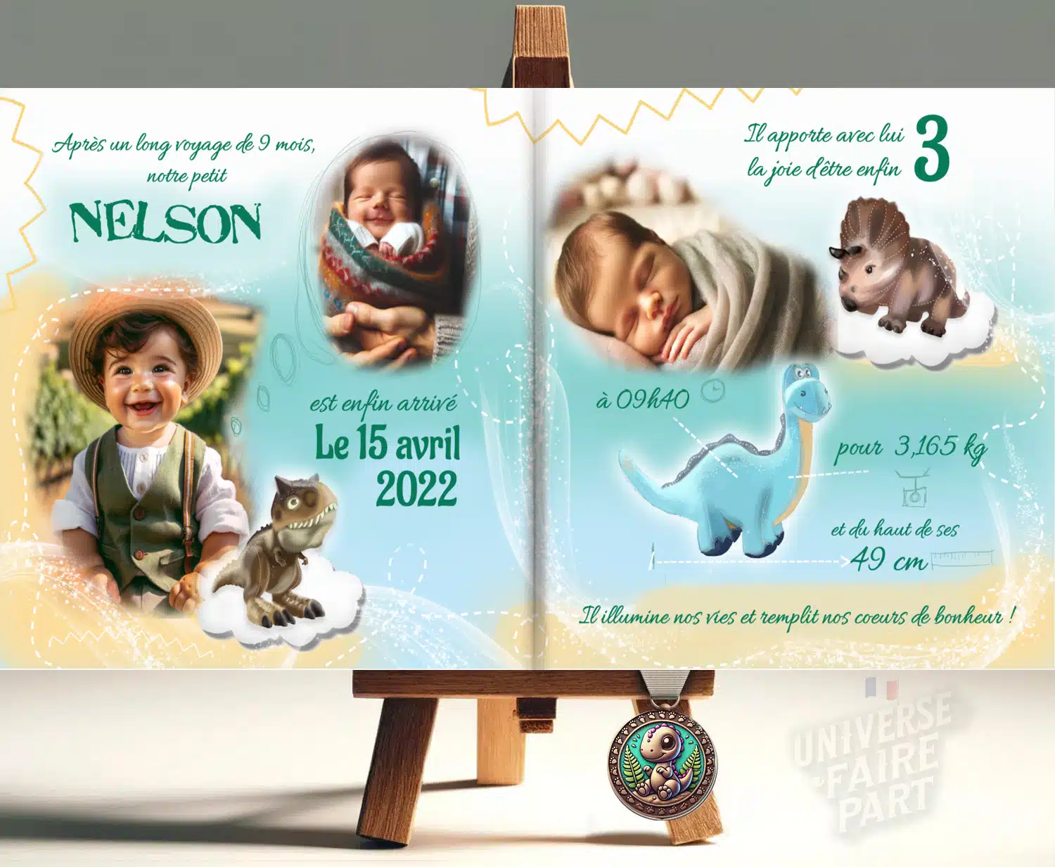 N°397- Faire-part Naissance dinosaure pastel
