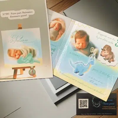 N°397- Faire-part Naissance dinosaure pastel