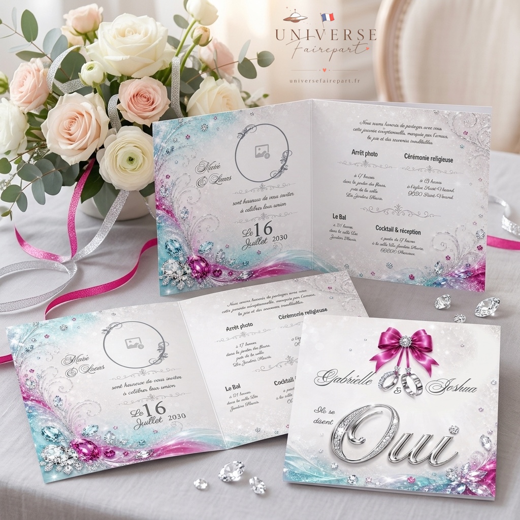 N°451 faire-part camaïeu bleu turquoise et rose glams