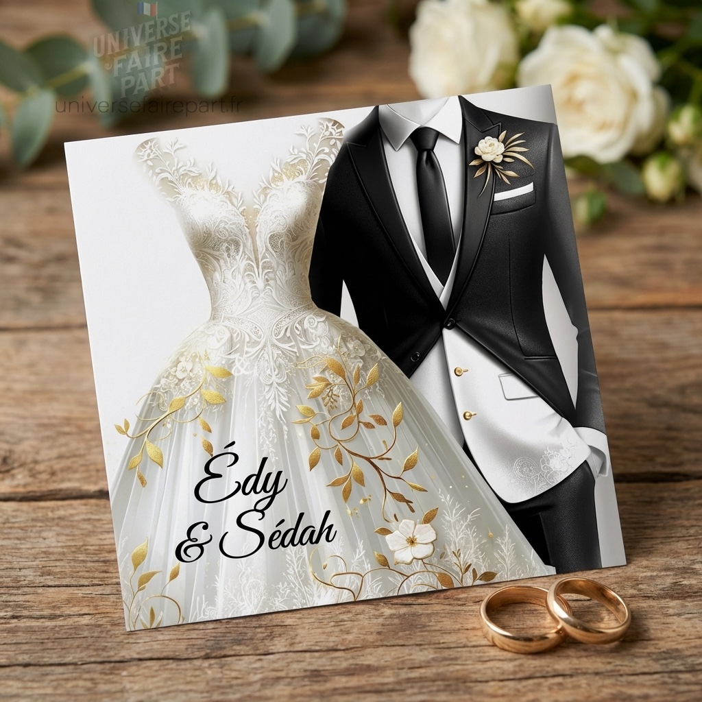 N°453 – Faire-part mariage Amour Éternel doré en noir & blanc