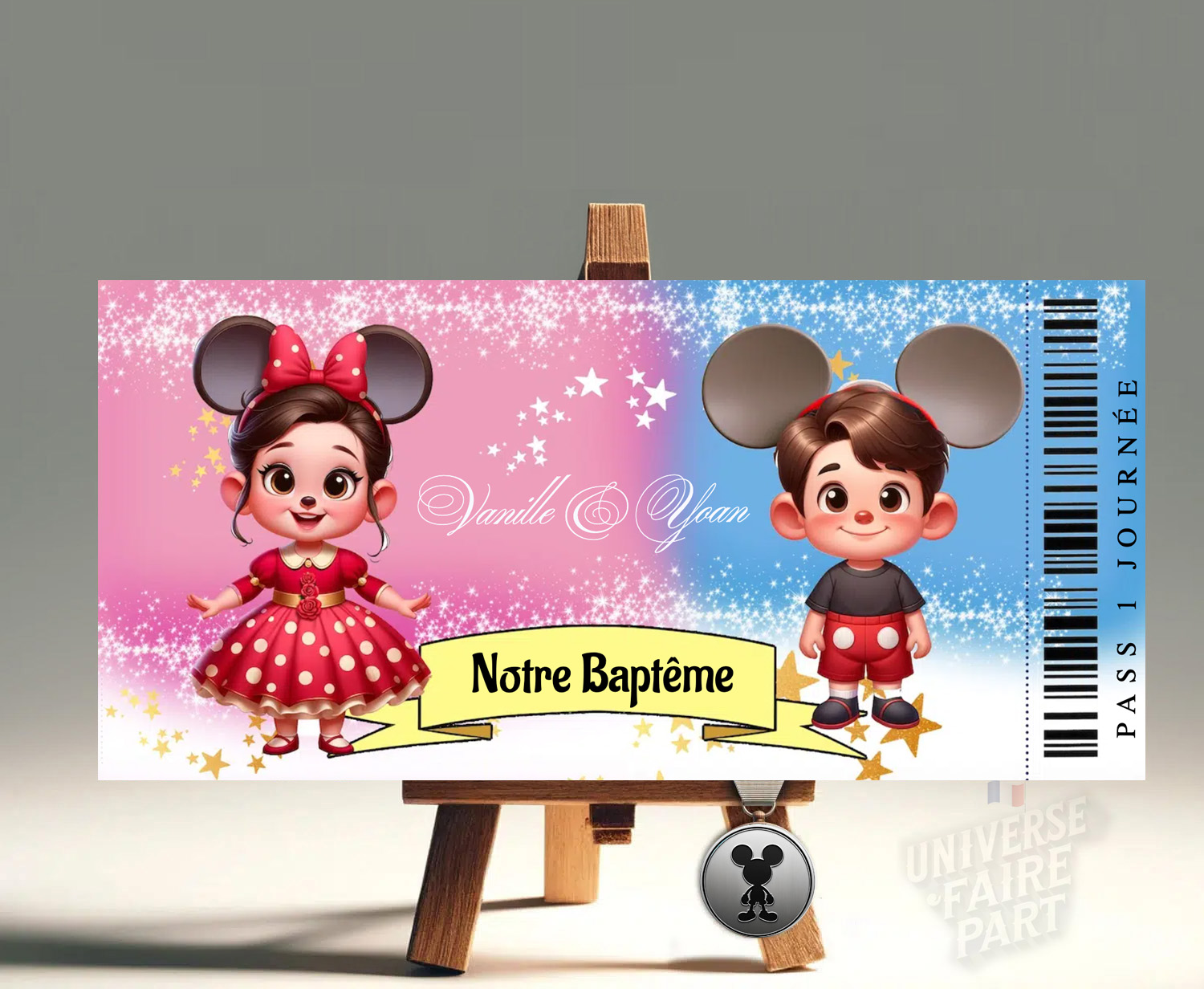 N°547 - Faire-part ticket PASS 1 journée Miss Sophia & Mr Lucas déguisés en Minnie & Mickey