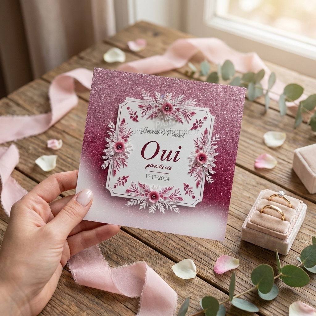 N°161 – Faire-part Féerie Fuchsia et Plumes Invitation Mariage Enchantée