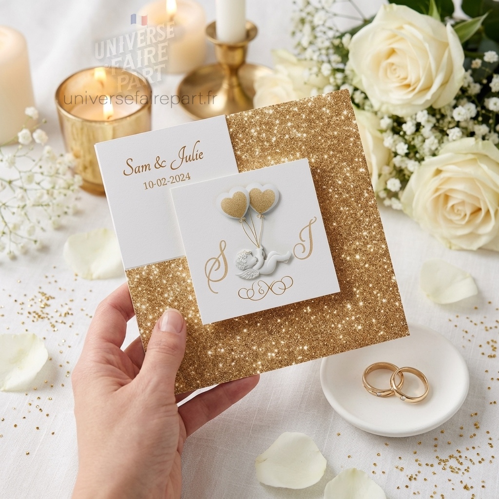 N°62- Faire-part Or Glitter angelot Mariage ou naissance