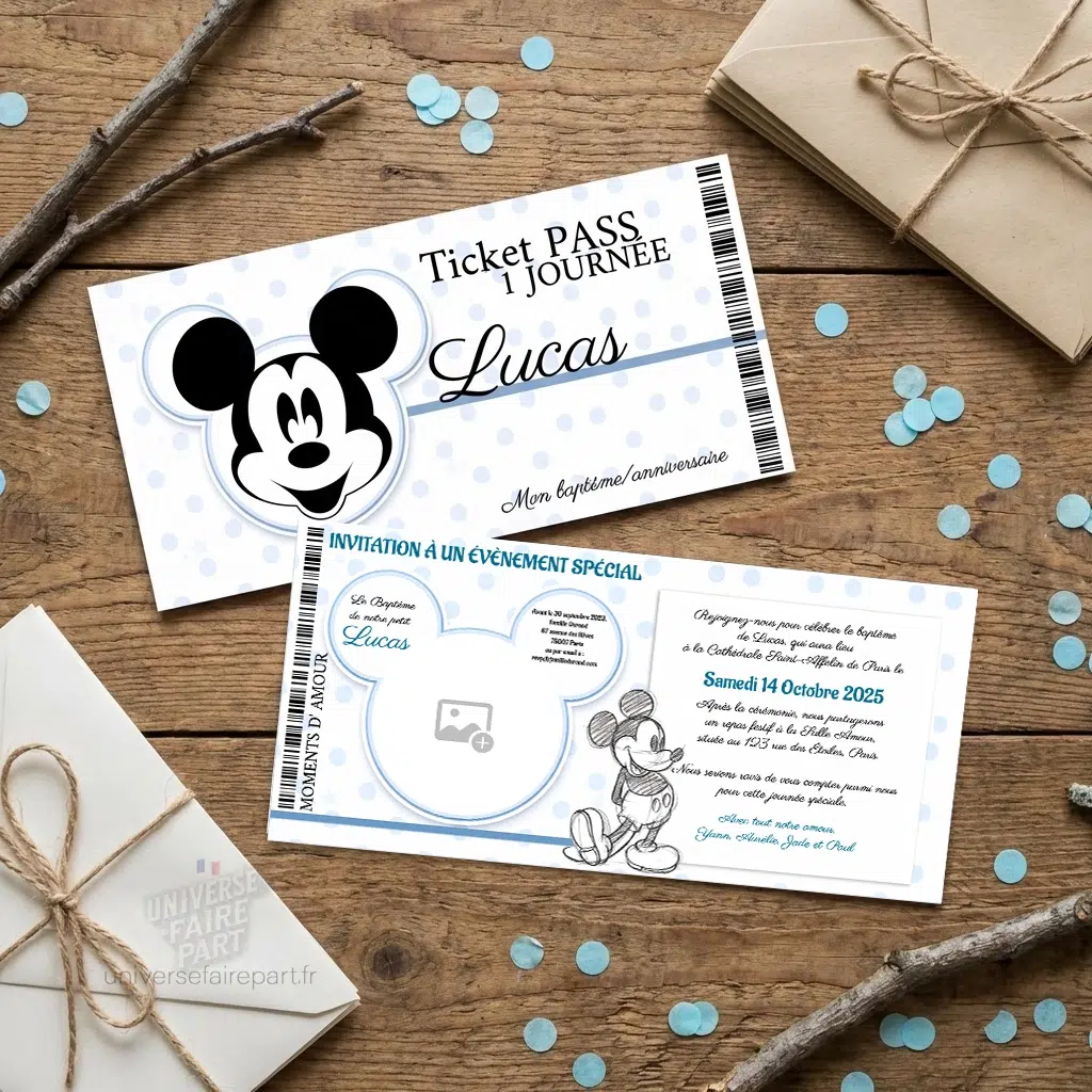 N°555- Faire-part Ticket PASS 1 journée Mickey 1928