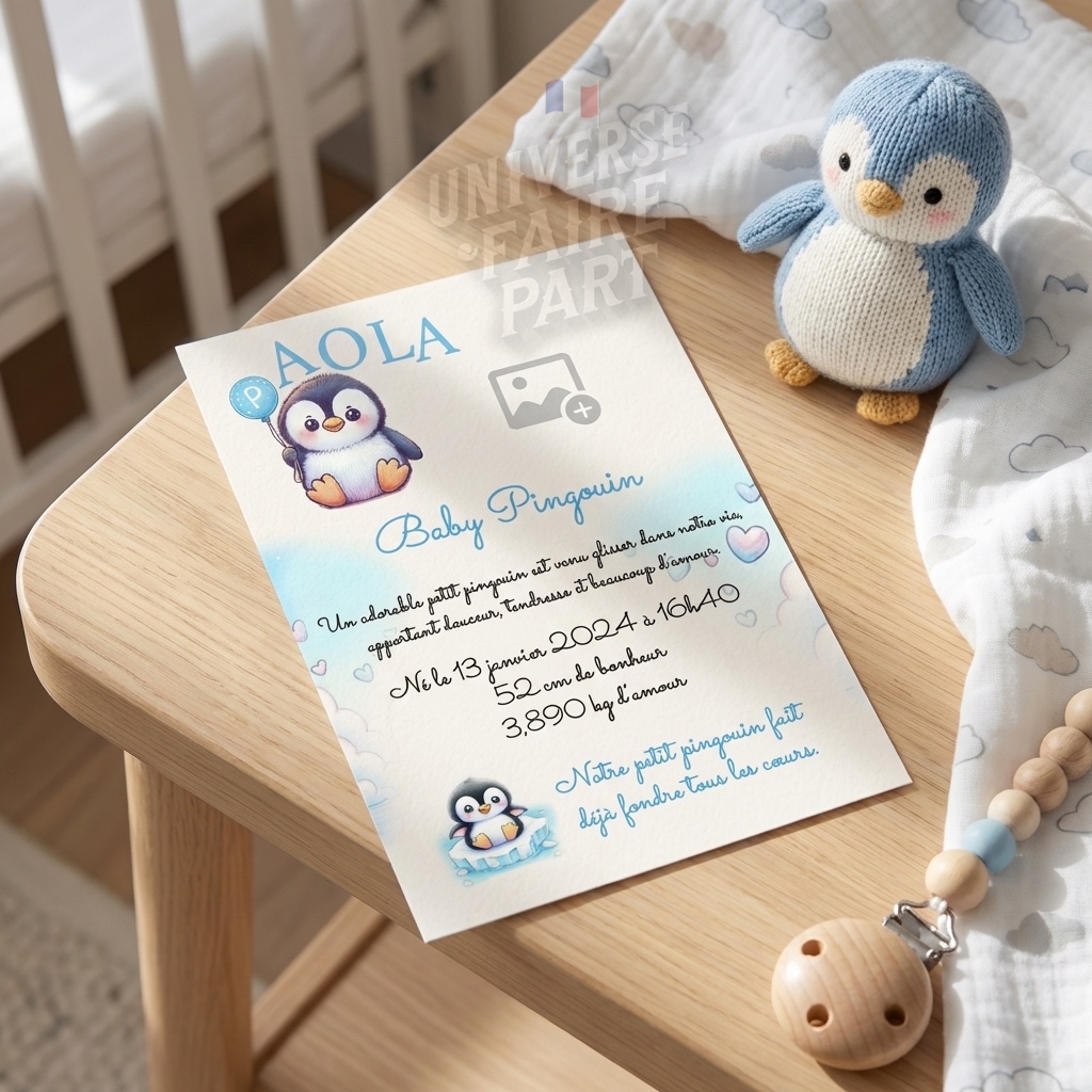 N°A16- faire-part naissance L’Alphabet des Animaux Pingouin