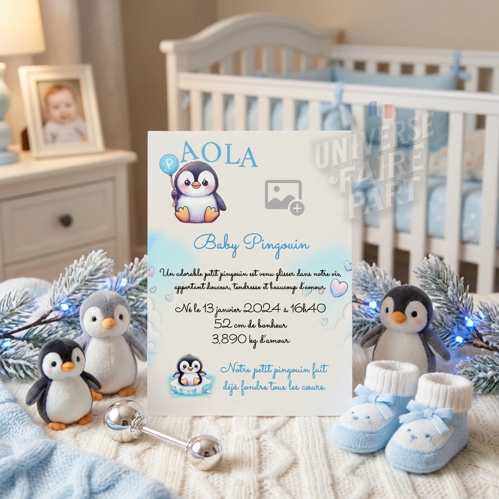 N°A16- faire-part naissance L’Alphabet des Animaux Pingouin