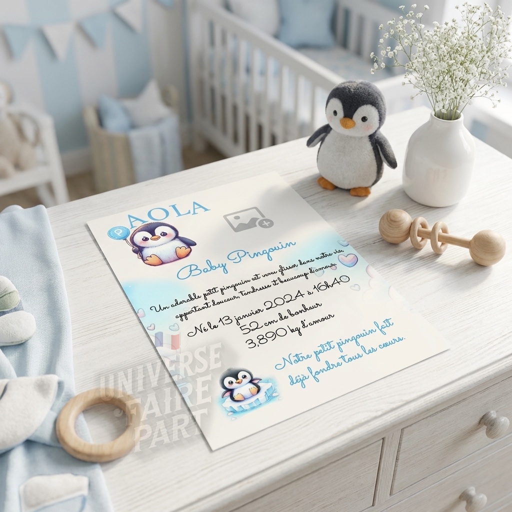 N°A16- faire-part naissance L’Alphabet des Animaux Pingouin