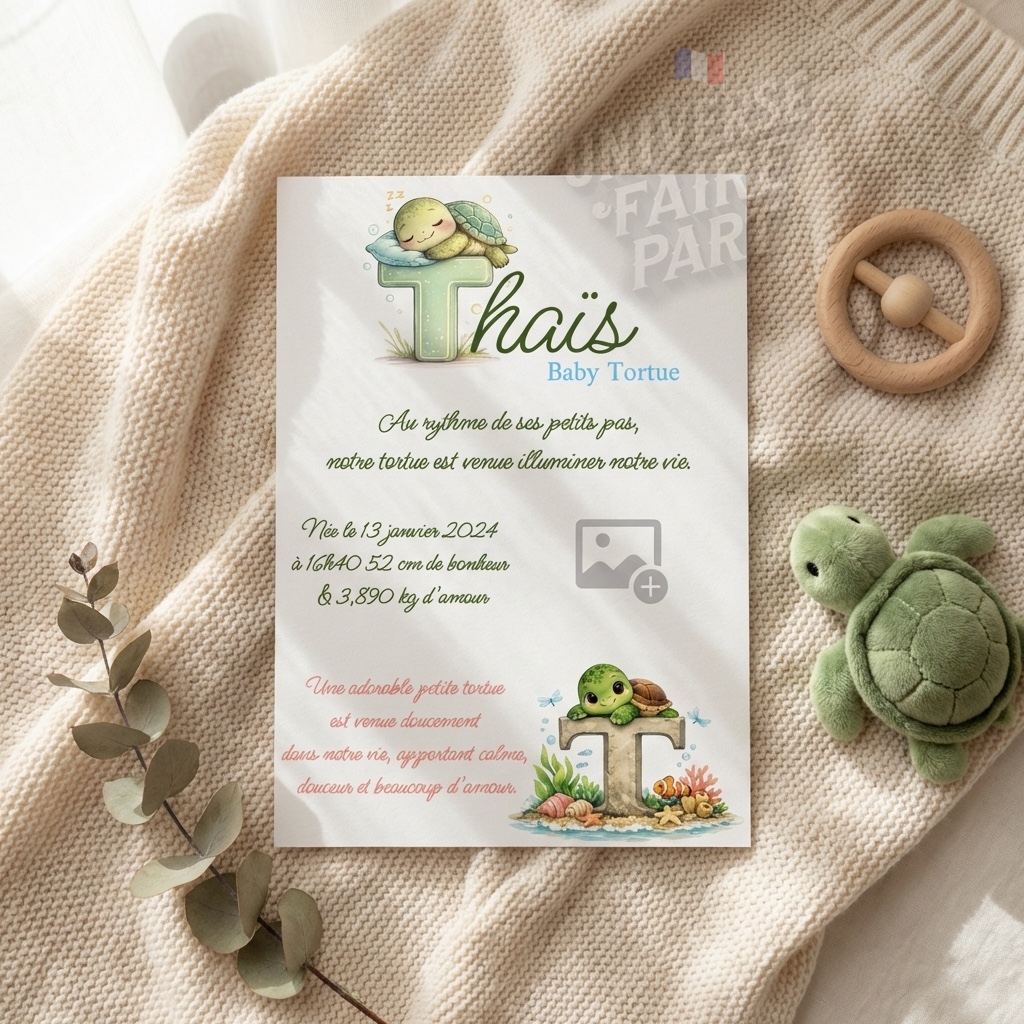 N°A20- faire-part naissance L’Alphabet des Animaux Tortue