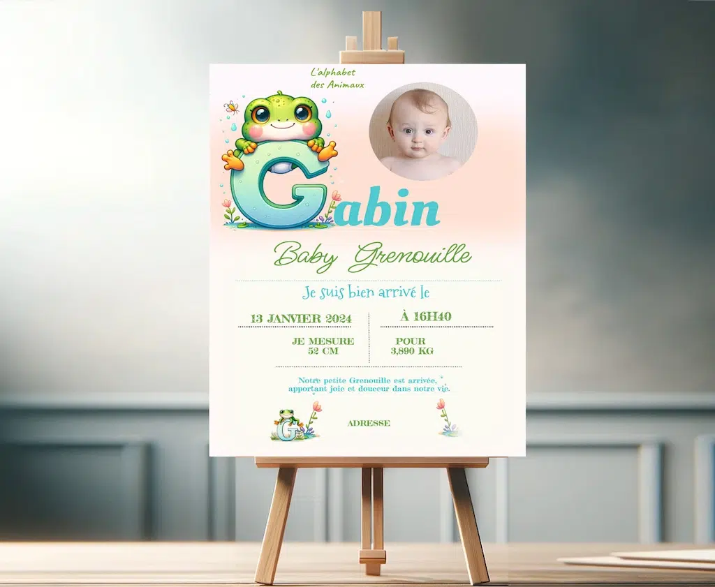 N°BS.G - faire-part Carte 1 face  L'Alphabet des Animaux "G" Grenouille . Tout évènement . Unisexe.