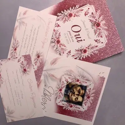 N°161 - Faire-part Féerie Fuchsia et Plumes Invitation Mariage Enchantée