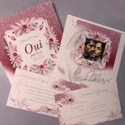 N°161 - Faire-part Féerie Fuchsia et Plumes Invitation Mariage Enchantée