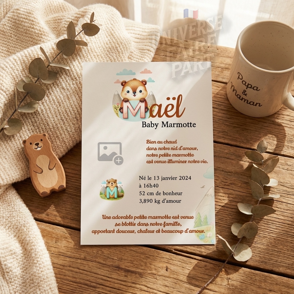 N°A13- faire-part naissance L’Alphabet des Animaux Marmotte