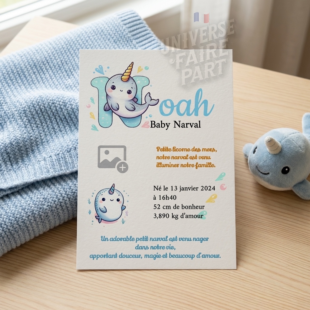 N°A14- faire-part naissance L’Alphabet des Animaux Narval