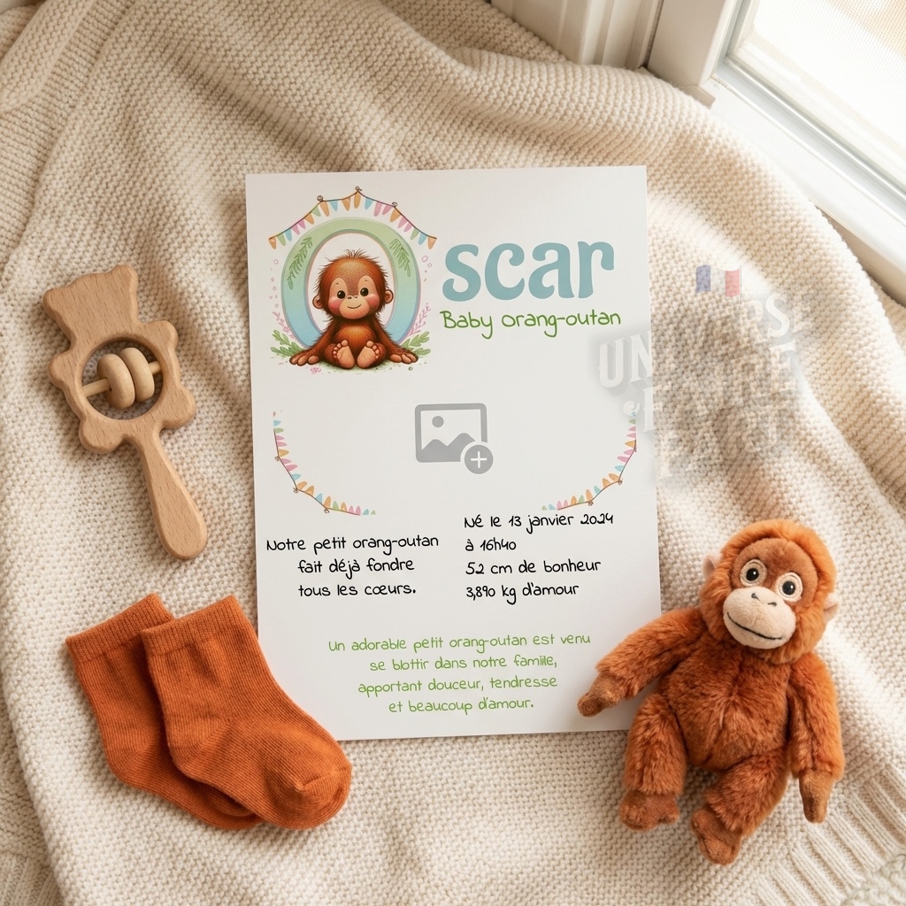 N°A15- faire-part naissance L’Alphabet des Animaux  Orang-outan