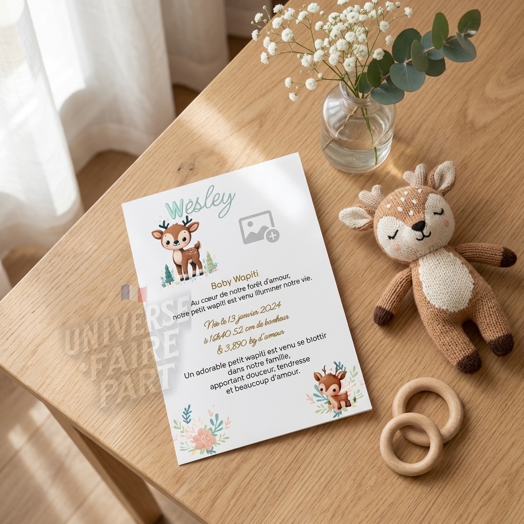 N°A24- faire-part naissance L’Alphabet des Animaux WAPITI