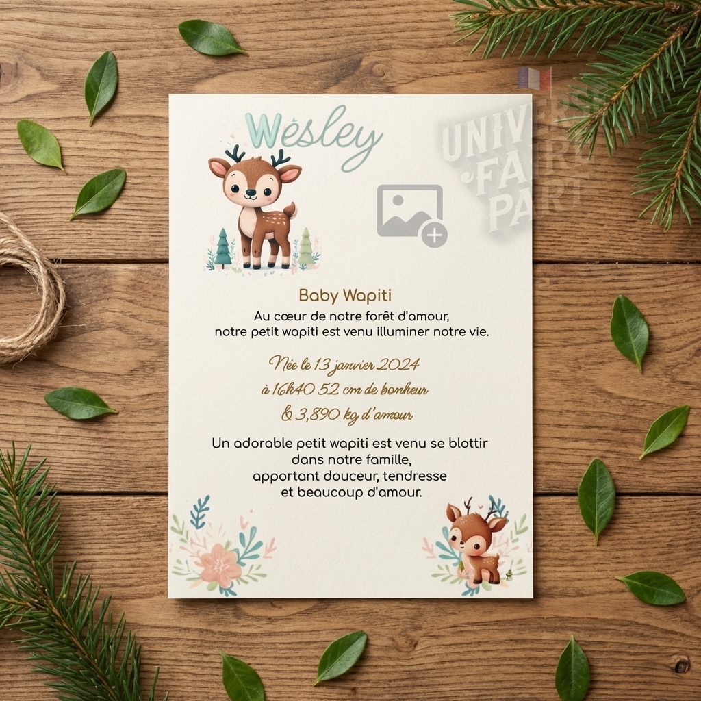 N°A24- faire-part naissance L’Alphabet des Animaux WAPITI