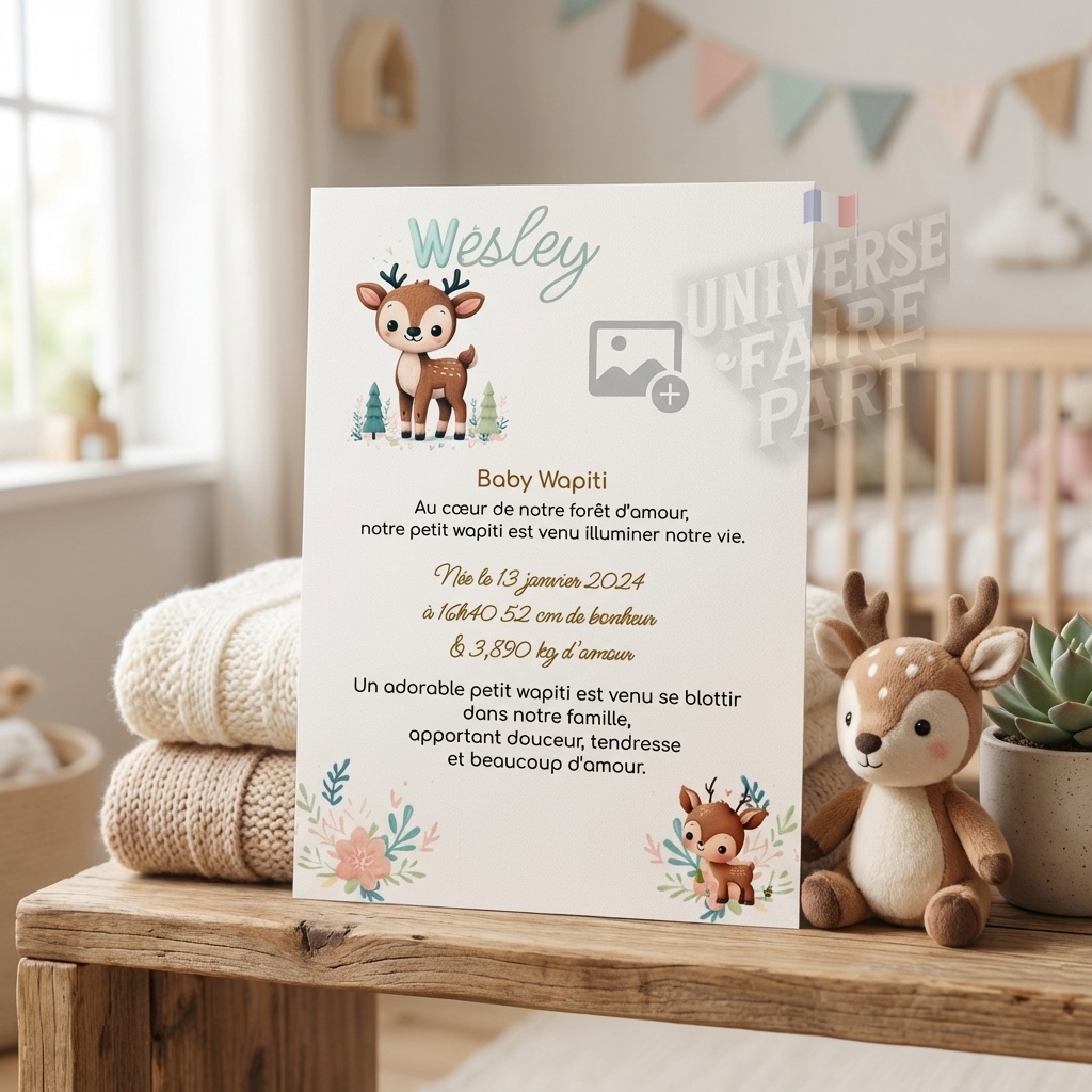 N°A24- faire-part naissance L’Alphabet des Animaux WAPITI