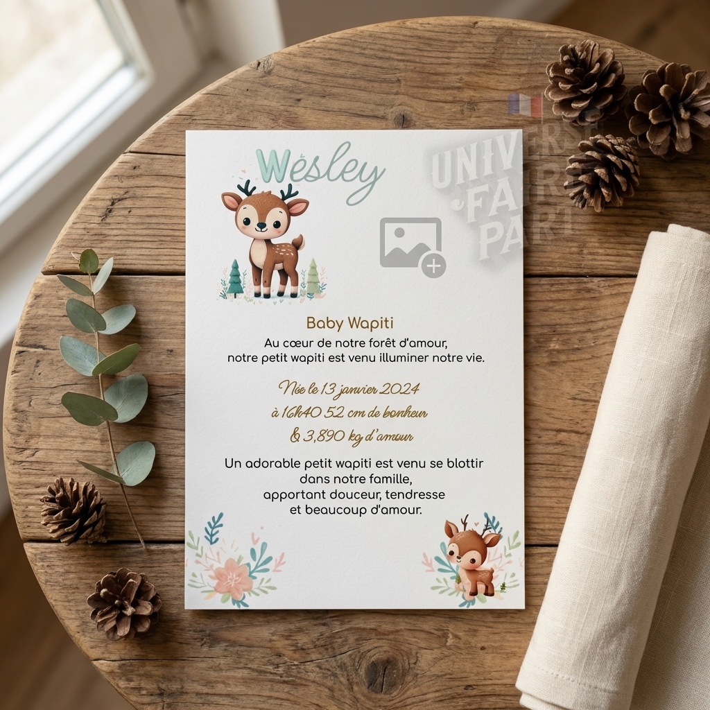 N°A24- faire-part naissance L’Alphabet des Animaux WAPITI