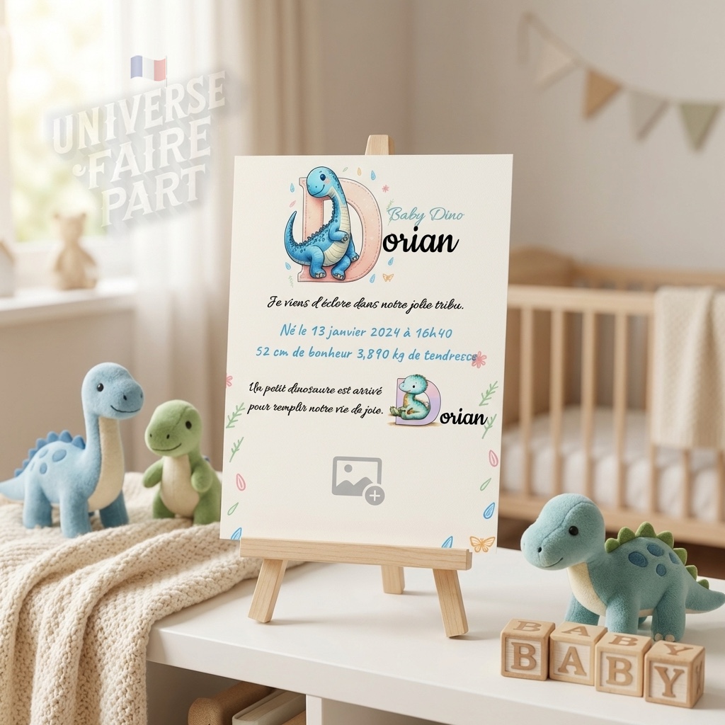 N°A4- faire-part naissance L’Alphabet des Animaux  Dinosaure