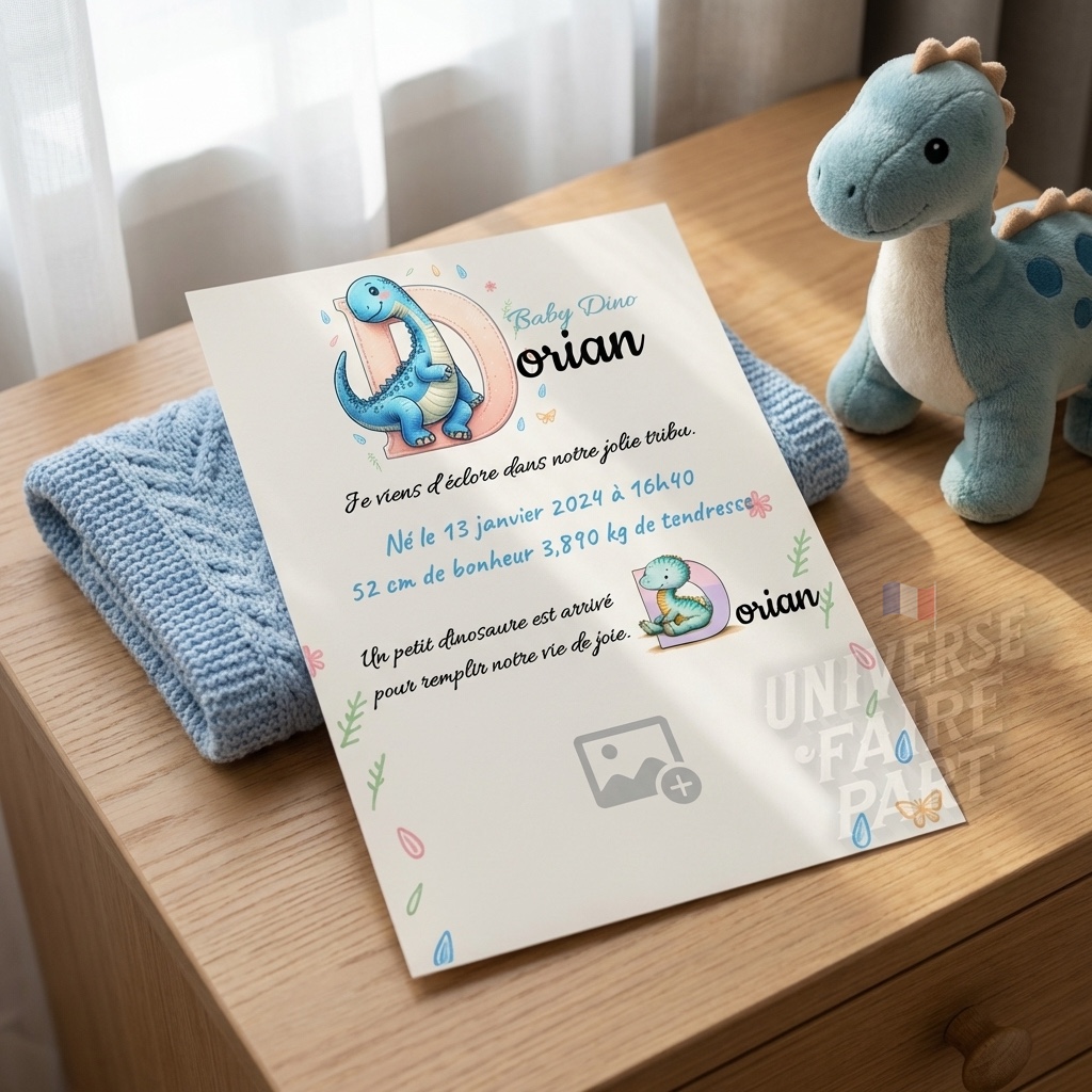 N°A4- faire-part naissance L’Alphabet des Animaux Dinosaure