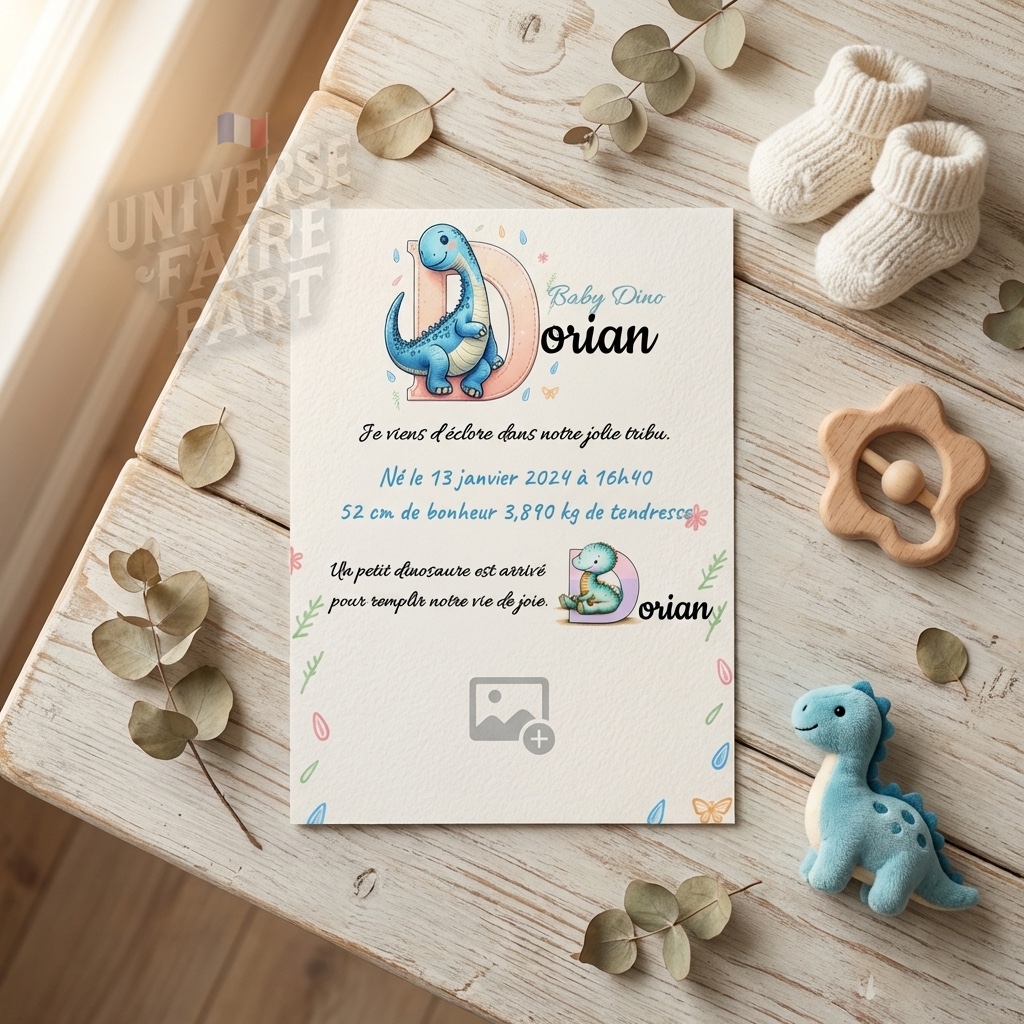 N°A4- faire-part naissance L’Alphabet des Animaux Dinosaure