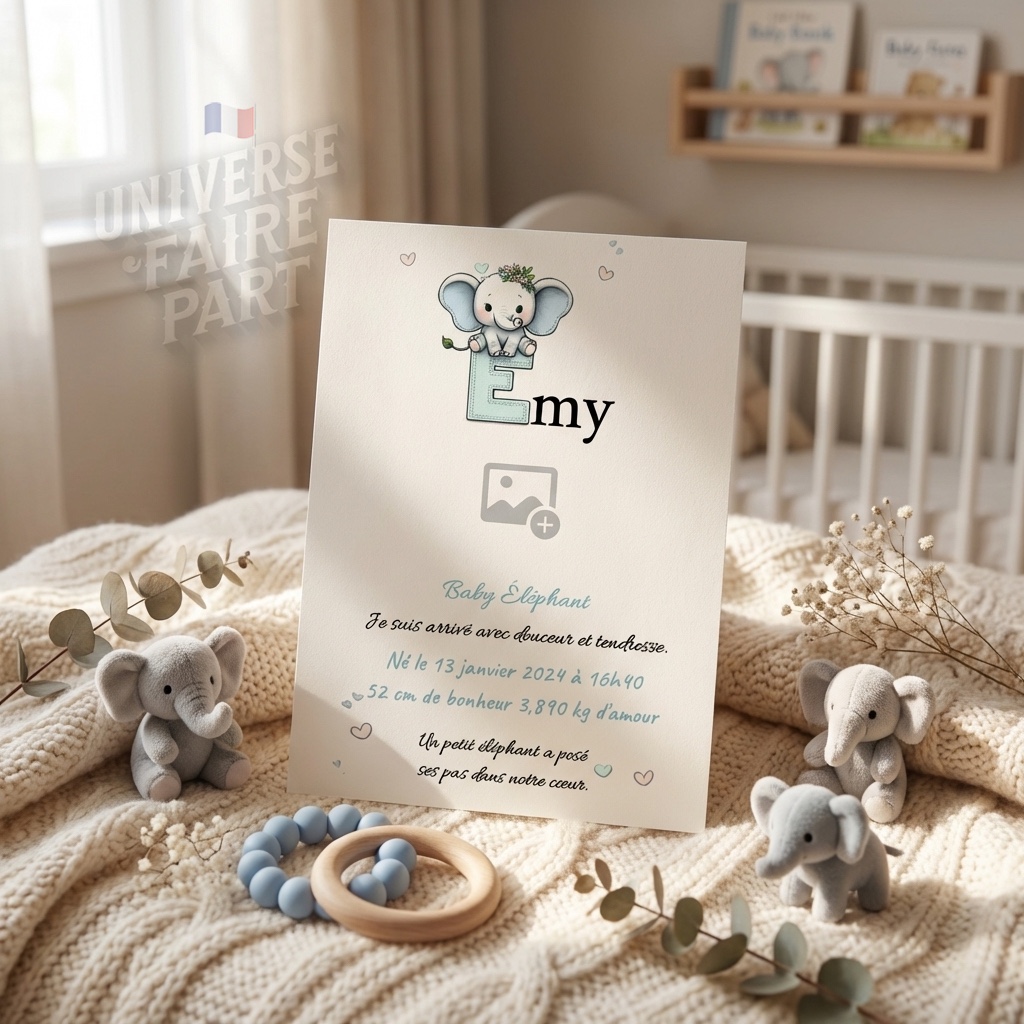 N°A5- faire-part naissance L’Alphabet des Animaux éléphant