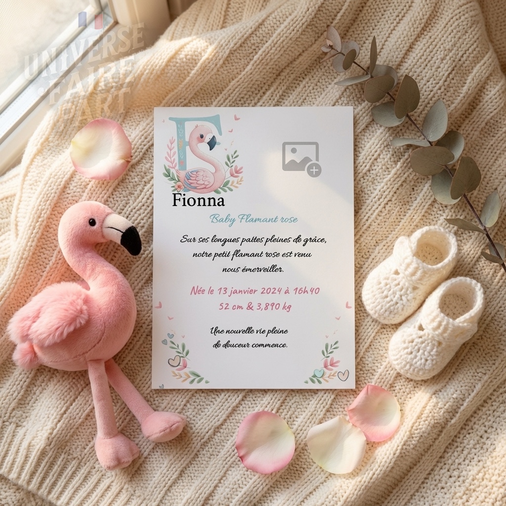 N°A6- faire-part naissance L’Alphabet des Animaux  Flamant Rose