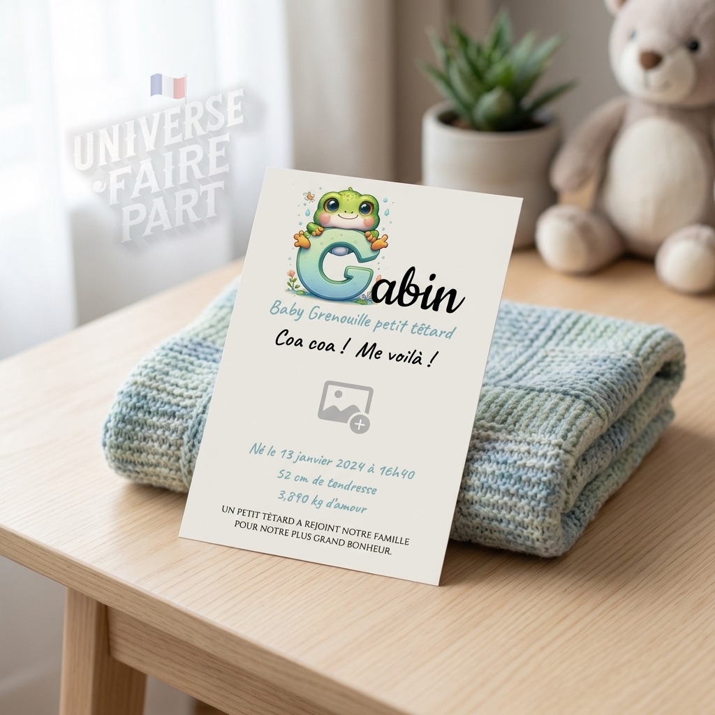 N°A7- faire-part naissance L’Alphabet des Animaux  Grenouille