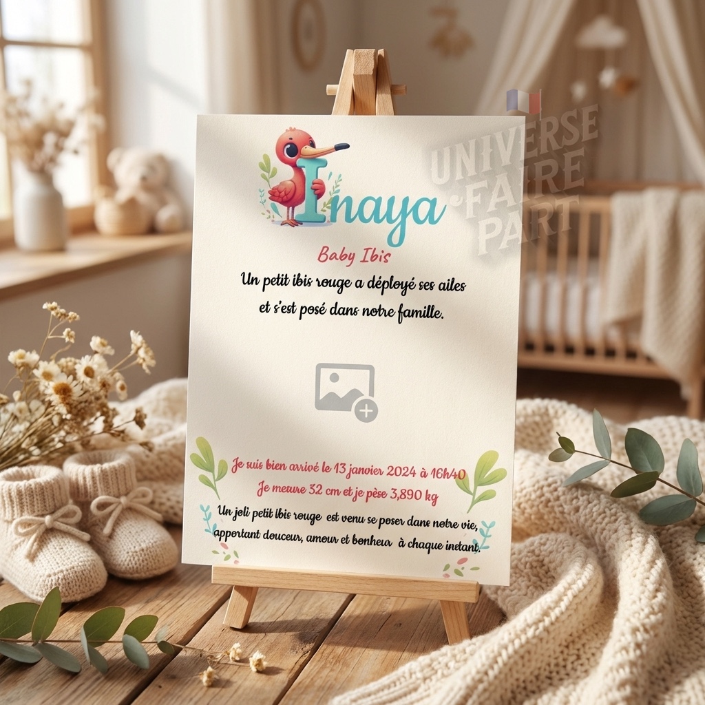 N°A9- faire-part naissance L’Alphabet des Animaux Ibis Rouge