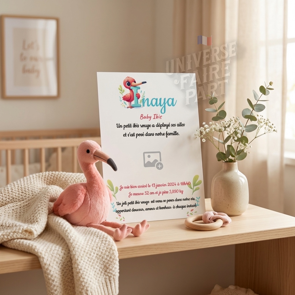 N°A9- faire-part naissance L’Alphabet des Animaux  Ibis Rouge