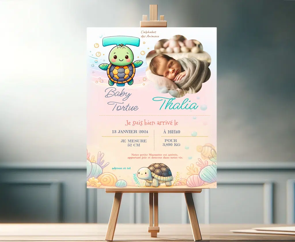 N°BS.T-  faire-part 1 face  L'Alphabet des Animaux "T" baby Tortue . Tout évènement . Unisexe.