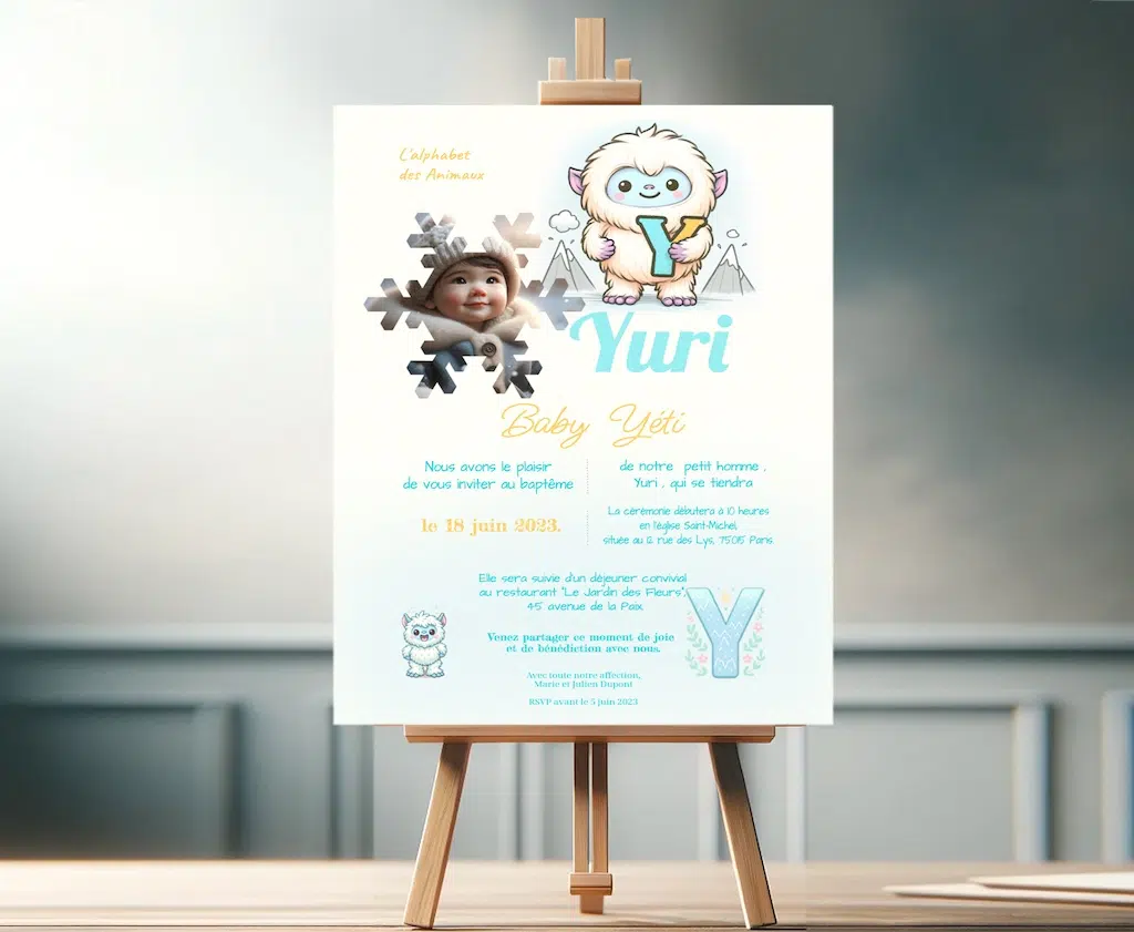 N°BS.Y-  faire-part 1 face  L'Alphabet des Animaux "Y" baby  Yéti . Tout évènement . Unisexe.