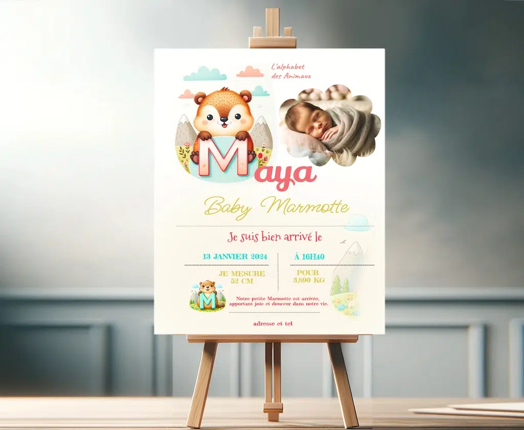 N°BS.M-  faire-part 1 face  L'Alphabet des Animaux "M" baby Marmotte . Tout évènement . Unisexe.