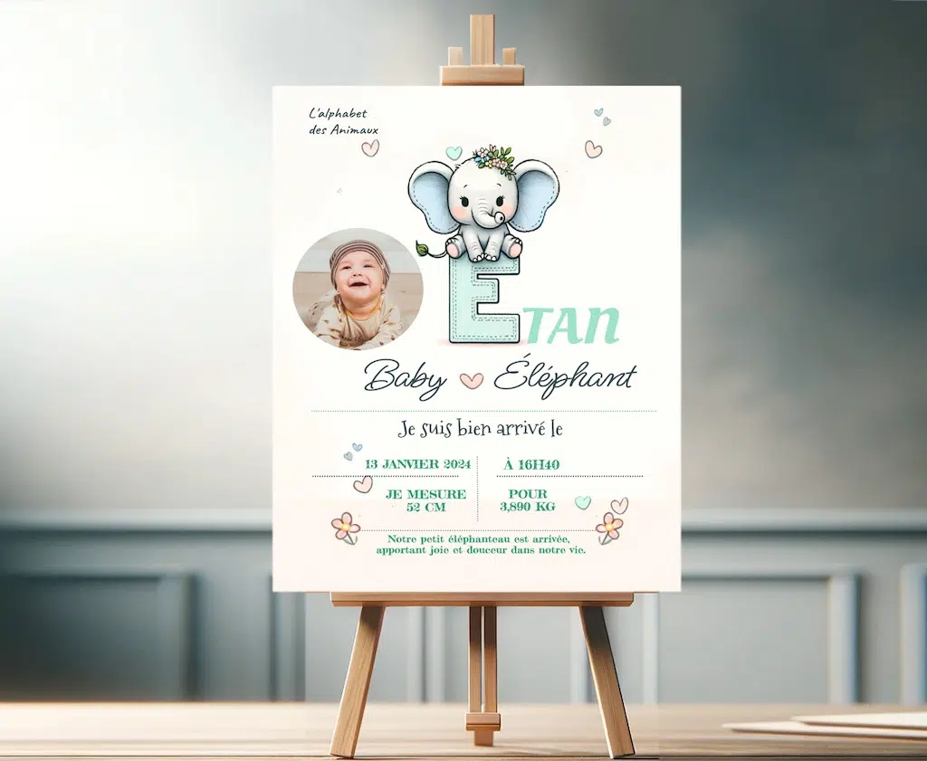 N°BS.E - faire-part Carte 1 face  L'Alphabet des Animaux "E" éléphant . Tout évènement . Unisexe.