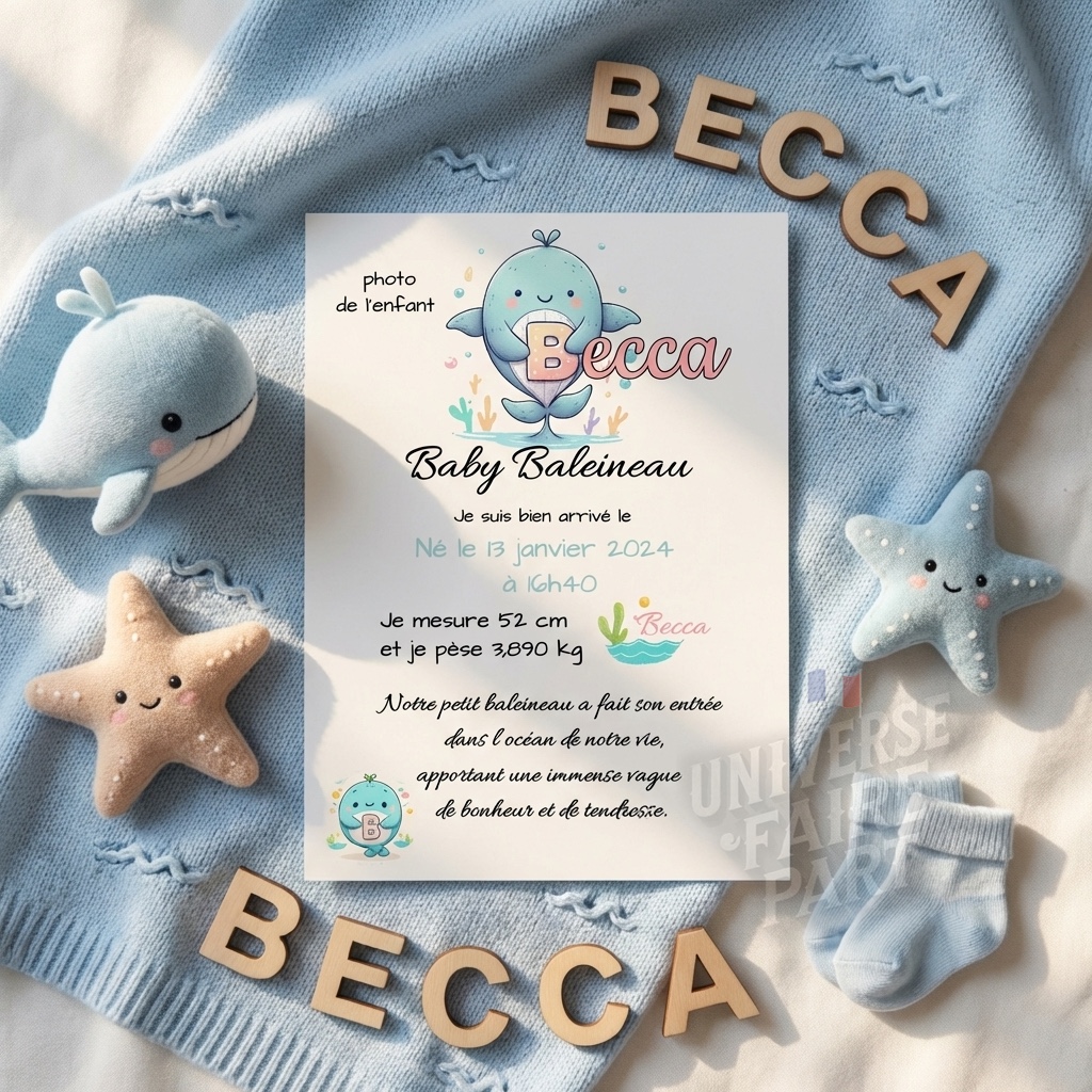 N°A2 – faire-part naissance L&rsquo;Alphabet des Animaux Baleine