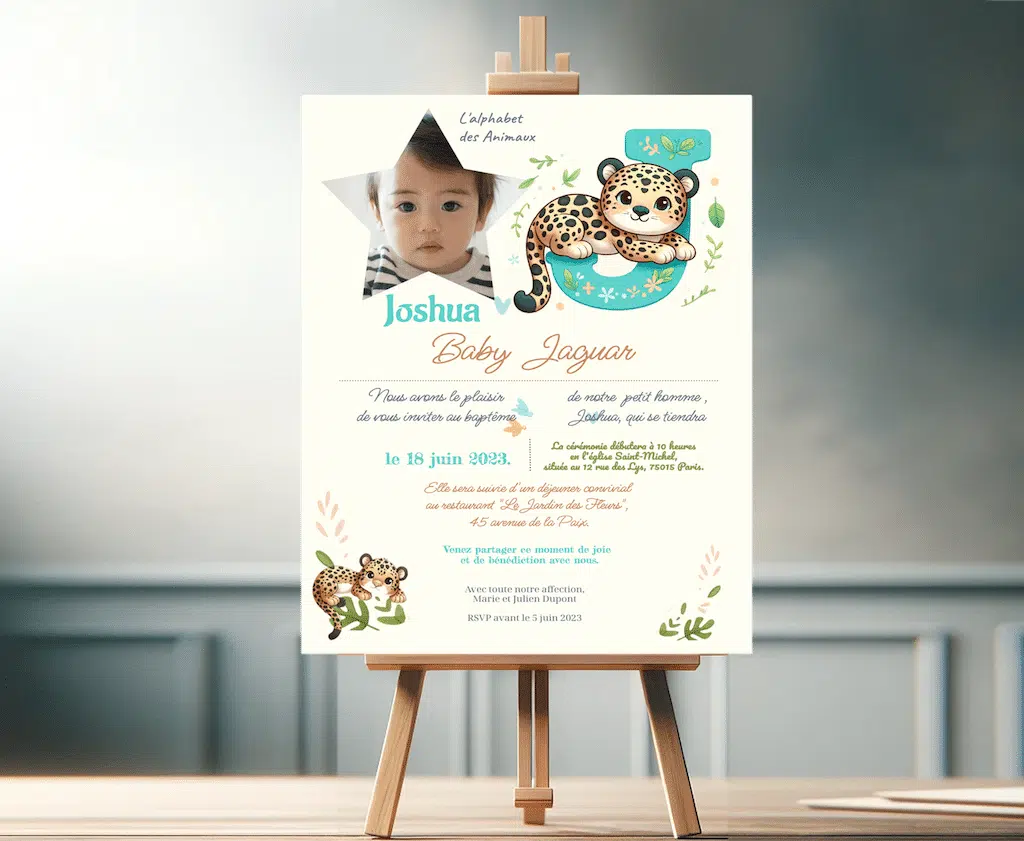 N°BS.J -  Carte 1 face  L'Alphabet des Animaux "J" baby Jaguar . Tout évènement . Unisexe.