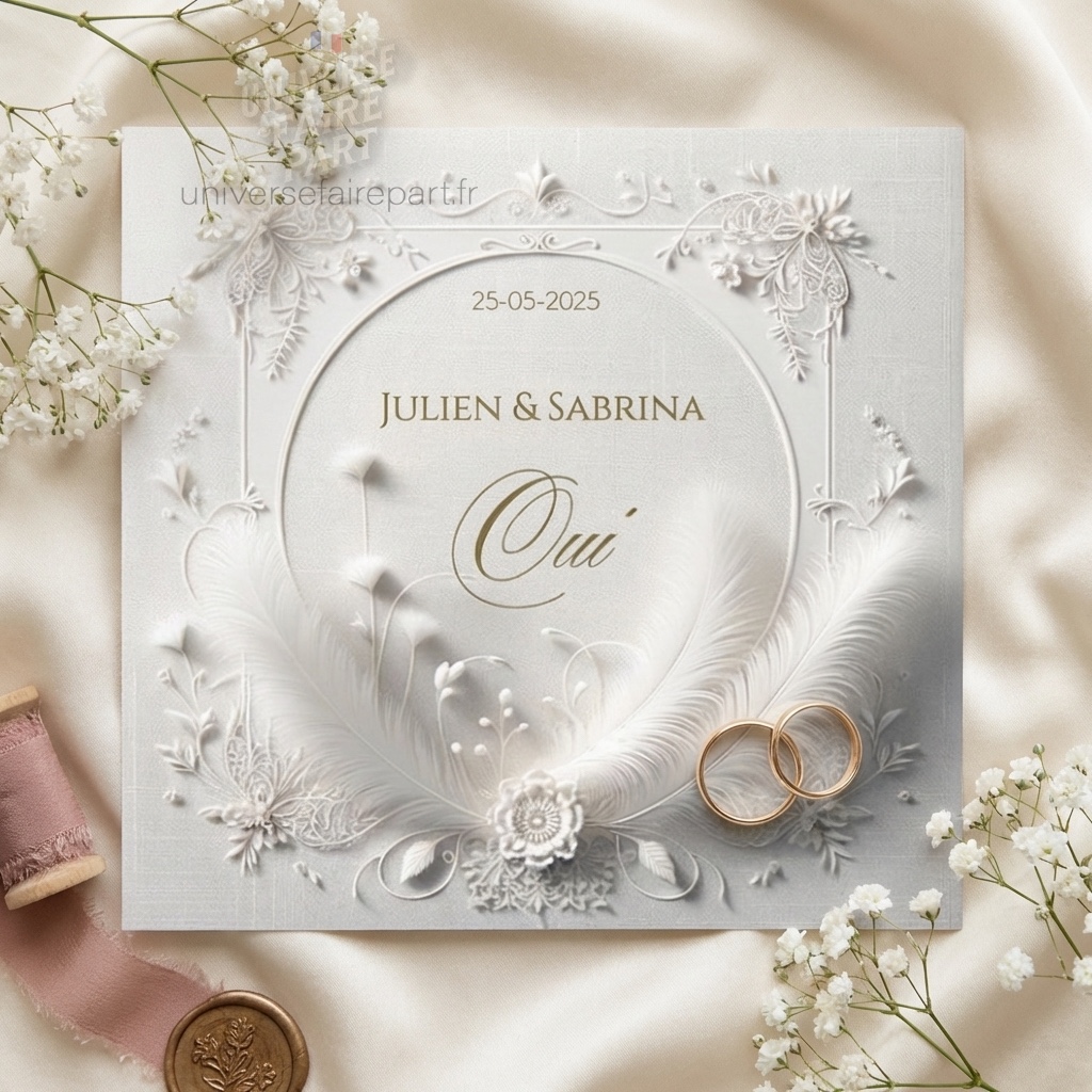 N°74 – Faire-part Élégance Intemporelle plumes blanche. mariage