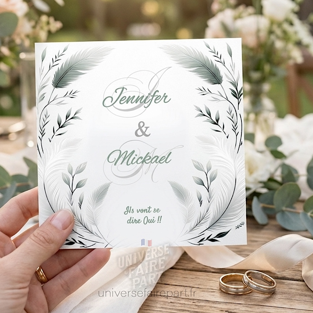 N°556- Faire-part L&rsquo;éternelle beauté plumes vert sauge olive