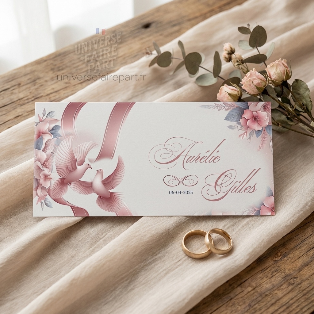 N°17- Faire-part Douce Alliance : Plumes et Colombes en Rose Pâle