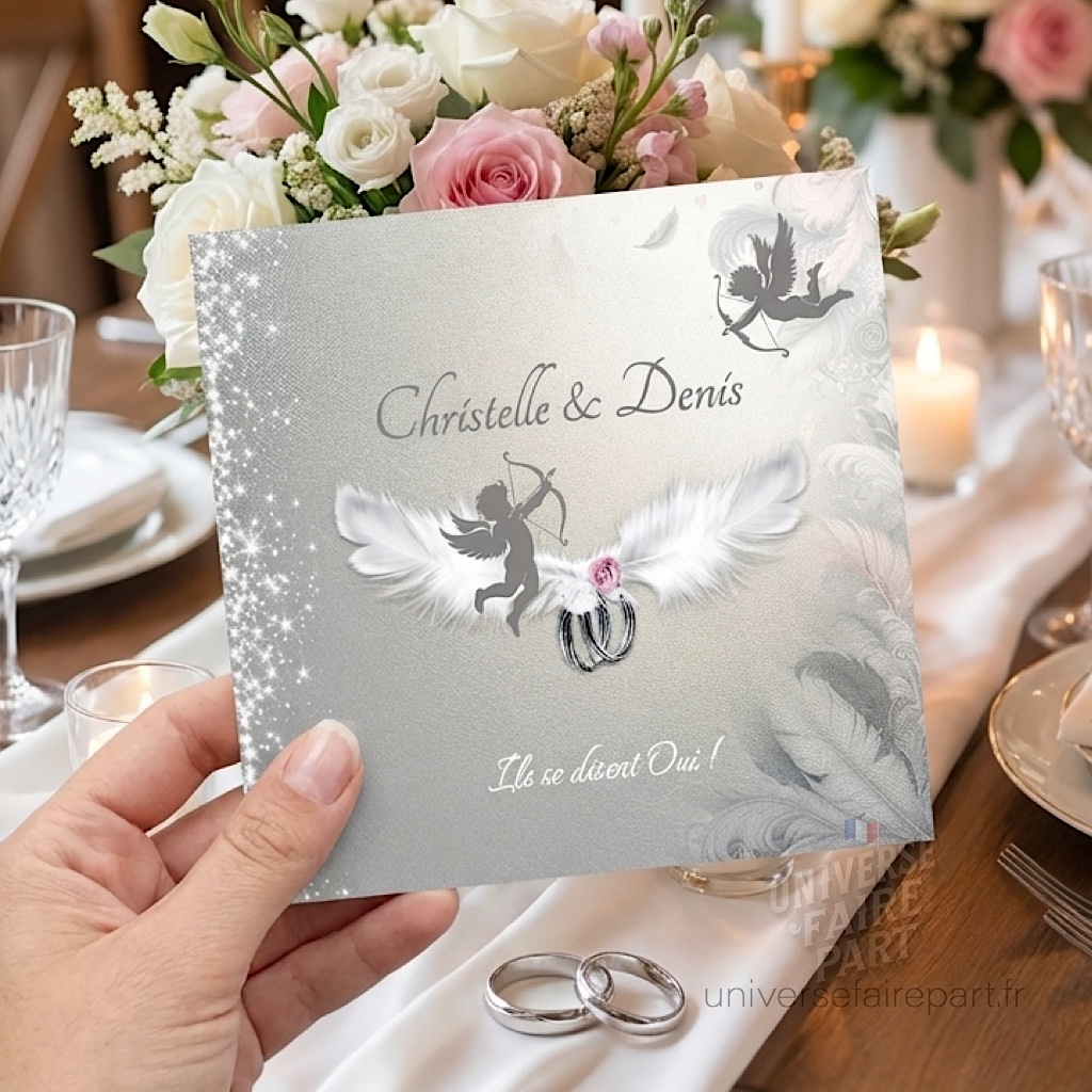 N°156 – Faire-part Duo d&rsquo;angelots Love éternel Gris argenté