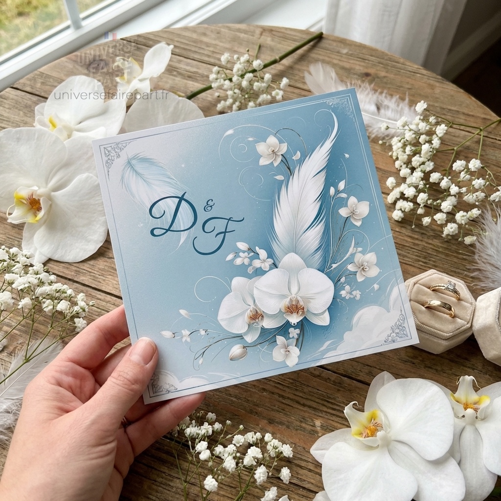 N°64 – faire-part Vol d&rsquo;Orchidée et plumes en Bleu Ciel