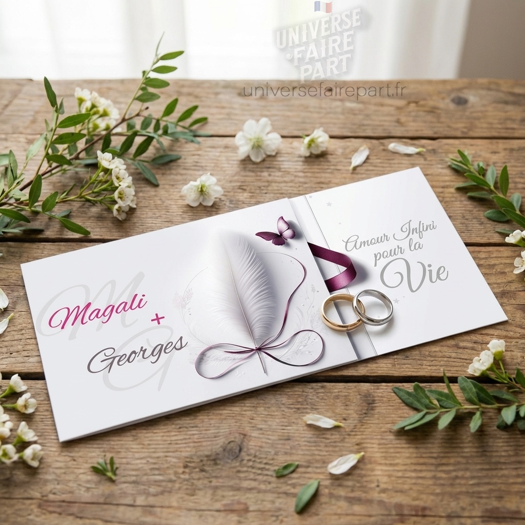 N°192 – Faire-part de Mariage : Anges à Plumes,Amoureux Pour la Vie fuchsia