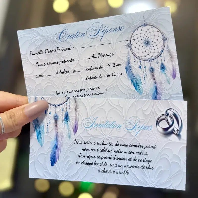 N°189 – Faire-part ange plume Attrape rêve , plumes argenté gris et turquoise