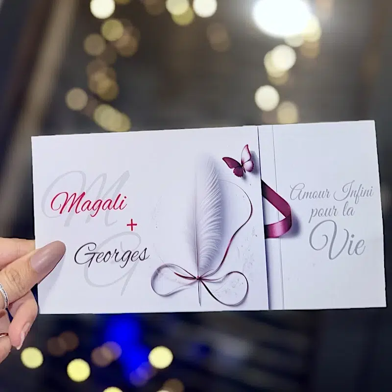 N°192 – Faire-part de Mariage : Anges à Plumes,Amoureux Pour la Vie fushia