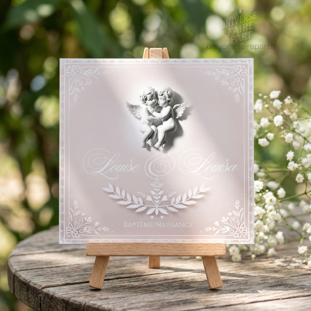 N°304 – Faire-part  Duo Céleste rose poudrée – Jumelles