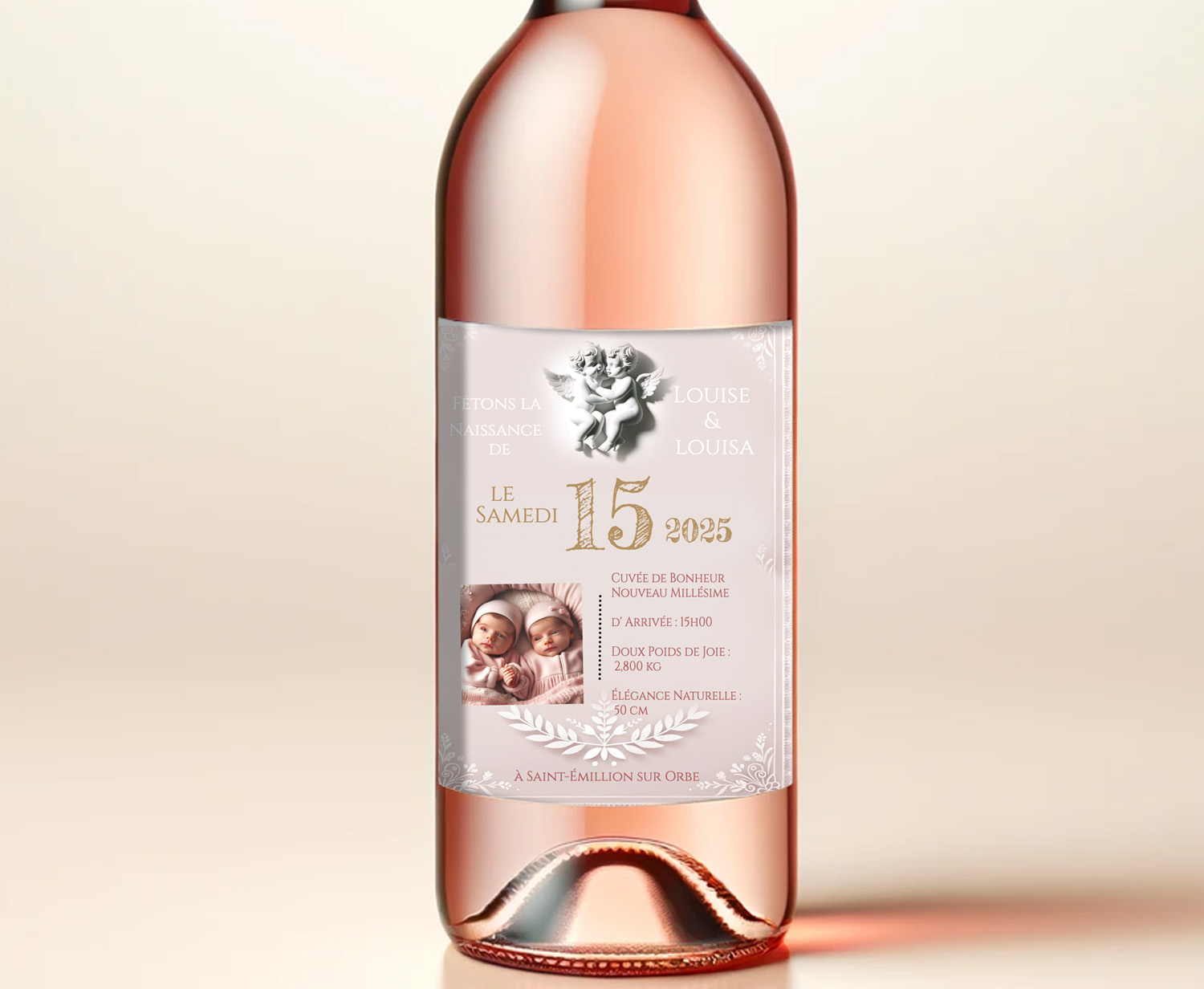 N°304.3 - Étiquette bouteille Duo Céleste rose poudrée - Jumelles
