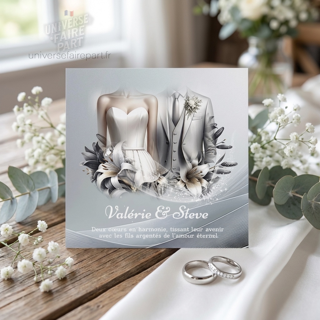 N°221 – Faire-part Noces Raffinée en Argent et Blanc touche d&rsquo;or