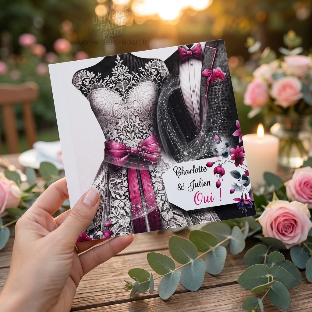 N°9 – Faire-part S&rsquo;aimer en Fuchsia et Blanc Costume