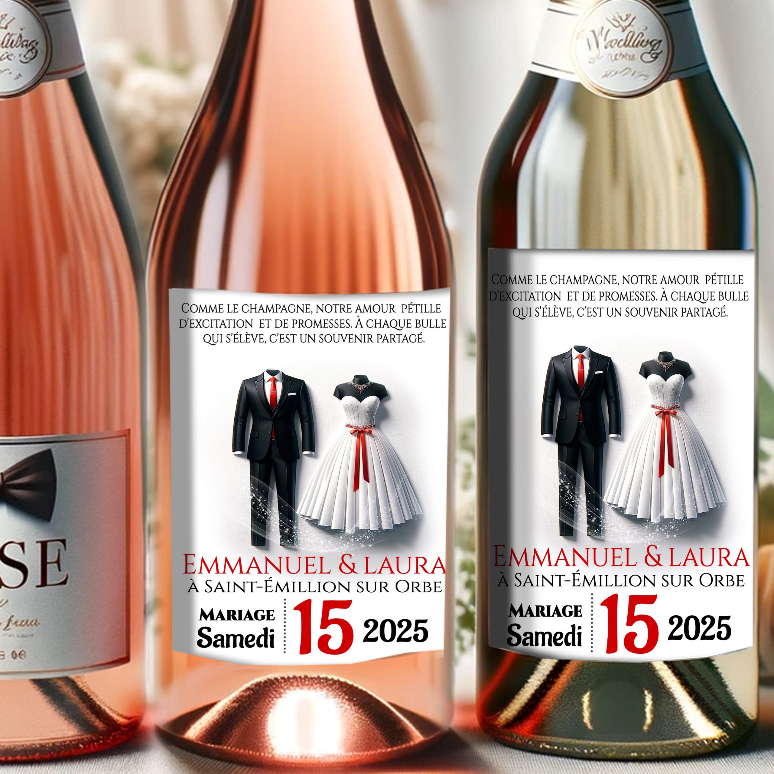 N°216.4 - Étiquette bouteille Duo d'Amour Mariage en Rouge Costume