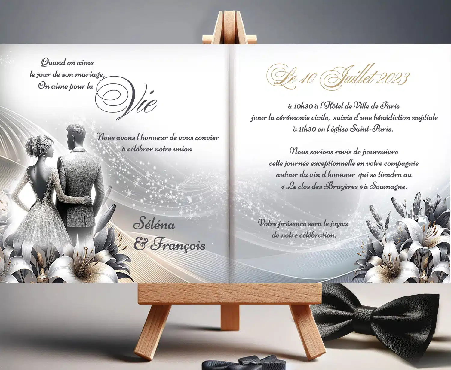 N°221 - Faire-part Noces Raffinée en Argent et Blanc touche d'or